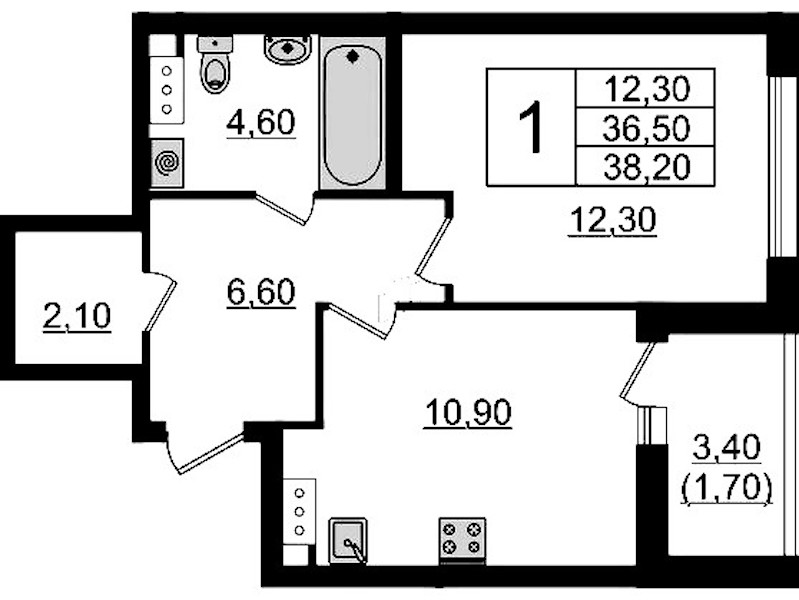 1-комнатная квартира 38.2 м², 5/9 эт., ЖК «А101 Лаголово»